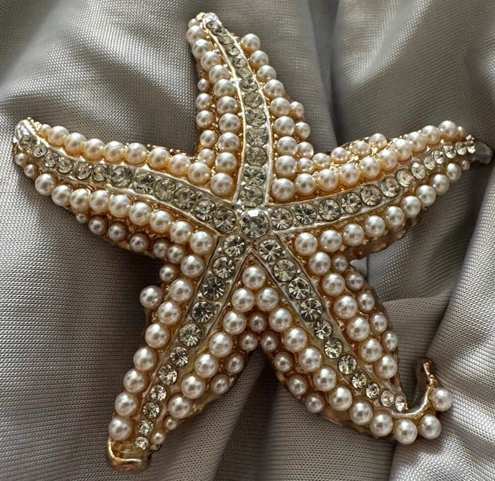 Large Starfish Brooch Faux Pearl Clear Rhinestone Gold Tone Coastal Jewelry Pin
